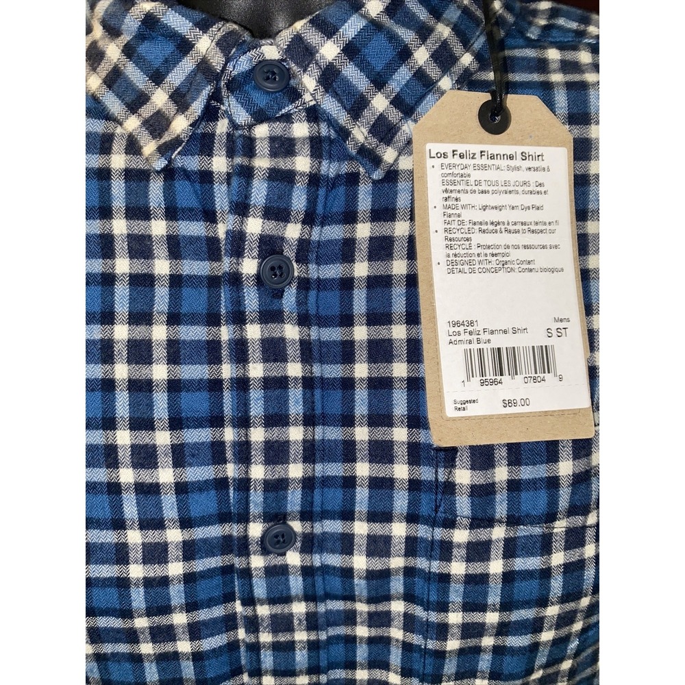 prAna LOS FELIZ Flannel Long Sleeve Shirt Admiral Blue Plaid Small NWT MSRP $89 - Picture 3 of 6